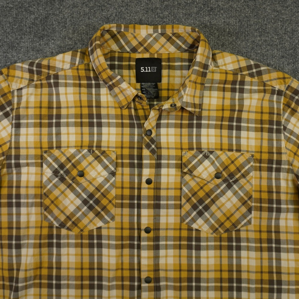 5.11 Tactical Mens Plaid Flannel Snap‎ Front Long Sleeve Shirt Yellow Brown XXL - Picture 2 of 11